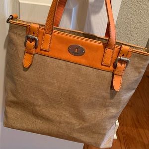 Fossil Coated Travel Tote Bag Orange Leather Trim